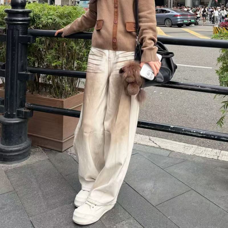 2025秋冬新款脏脏裤水洗软牛仔宽松弯刀裤浅色阔腿裤欧洲站长裤女