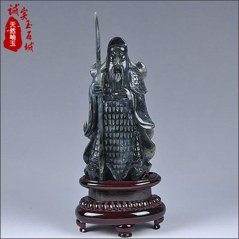岫色 天然玉石岫玉关公摆件小号桌面家用招财岫岩玉雕件武财神A47