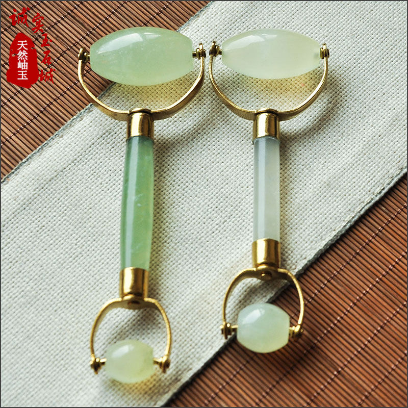 天然玉石双滑滚轮美容器 玉滚美容棒摆件 岫岩玉按摩美容器 正品