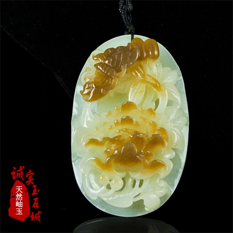 岫玉黄白老玉吊坠挂件精品女款毛衣链 岫岩玉佩天然玉石雕刻项坠