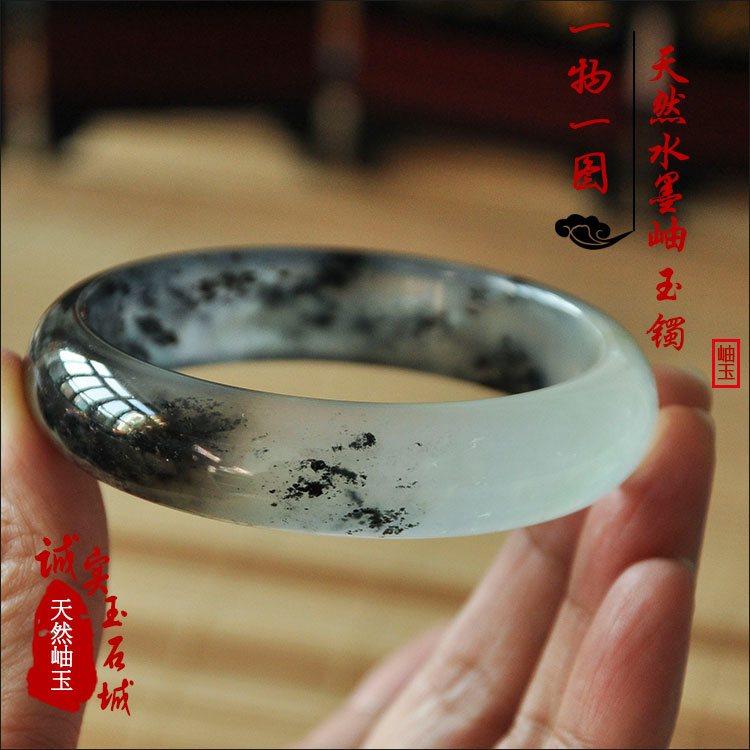冰种飘花玉镯 岫玉手镯A货水墨飘花玉手镯玉石镯子 天然玉镯