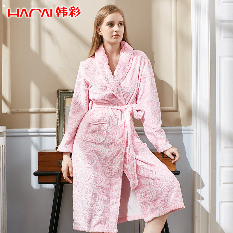 韩彩2022新款玫瑰花睡衣女冬季加厚珊瑚绒女士睡袍法兰绒保暖浴衣