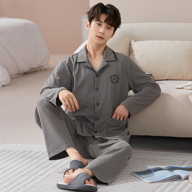 韩彩纯棉弹力男士睡衣长袖秋冬加厚睡衣冬季男款简约纯色家居服套