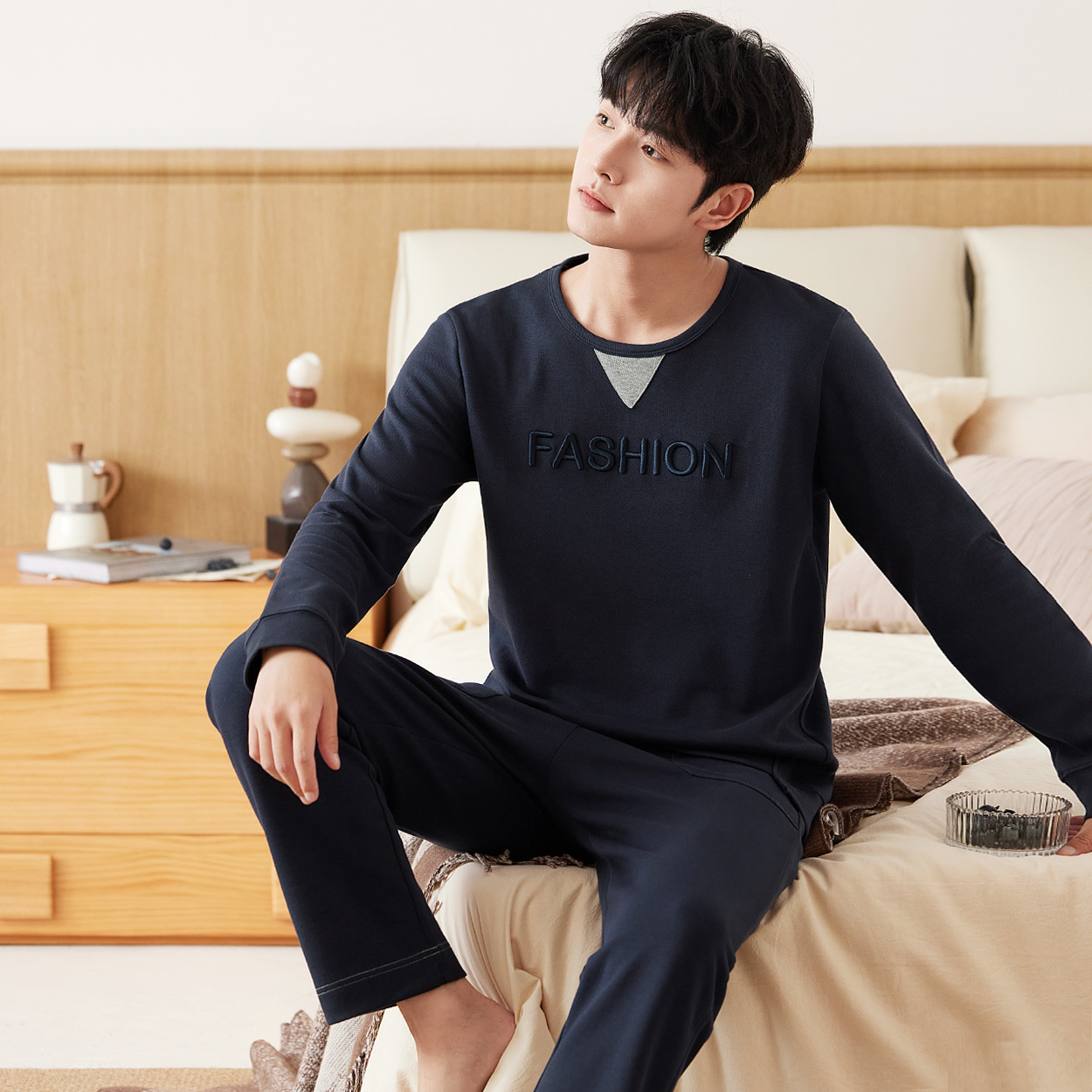 韩彩睡衣男士加厚款简约男款秋冬季休闲长袖家居服男式可外穿套装