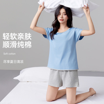 2025年新款简约纯色夏季女学生睡衣女短袖短裤少女纯棉家居服套装