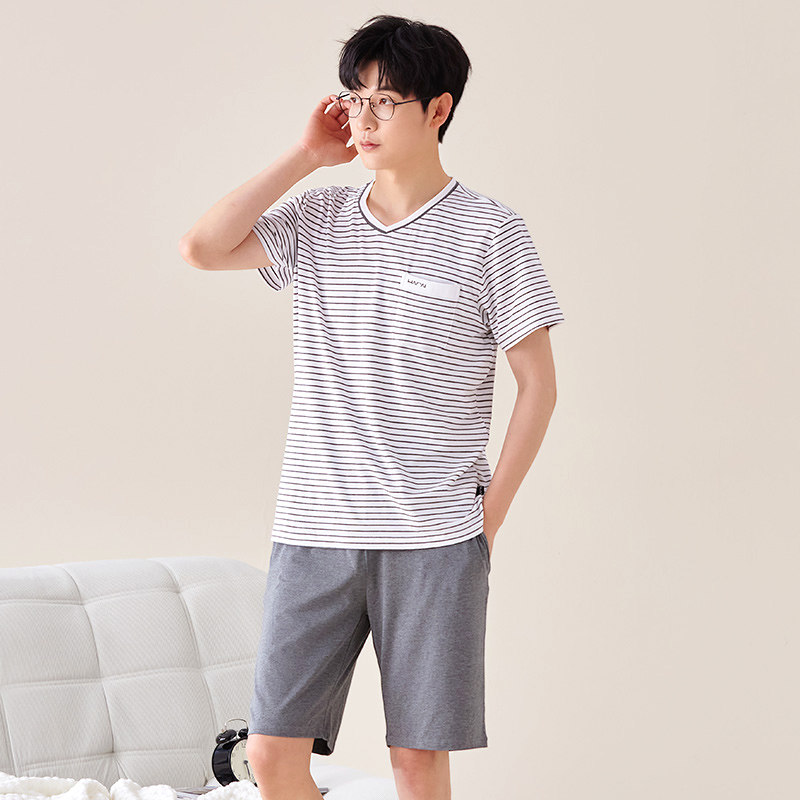 睡衣男款夏莫代尔短袖2026新款条纹夏天薄款短裤家居服套装可外穿