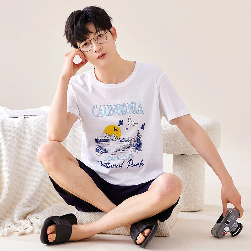 韩彩男士100%纯棉短袖短裤休闲家居服套装夏季薄款青少年全棉睡衣