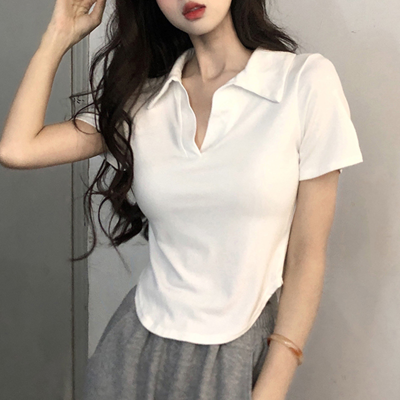 2025夏装新款正肩polo白色短袖t恤女独特漂亮超好看小衫短款上衣