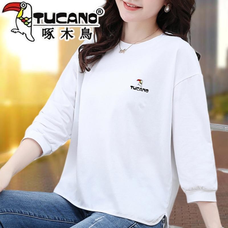 啄木鸟纯棉七分袖t恤女2025夏季新款女装打底衫大码薄款白色上衣