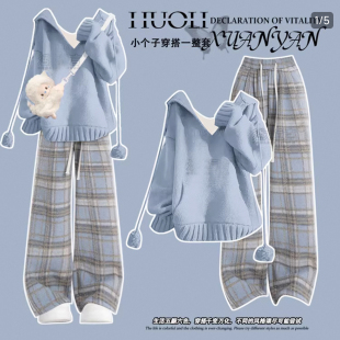 早秋流行韩系穿搭蓝色V领毛衣冬装女2025年新款小个子大童上衣潮