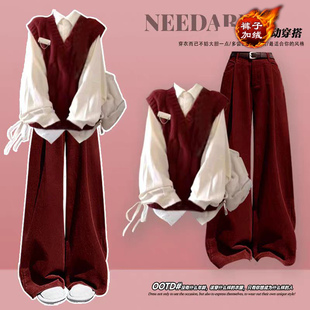 跨过新年战袍红色针织毛衣马甲冬季穿搭一整套大童学院风套装女