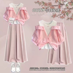 裙套装 2025夏季 T恤裤 初中高中大童少女孩假两件撞色露肩短袖 新款