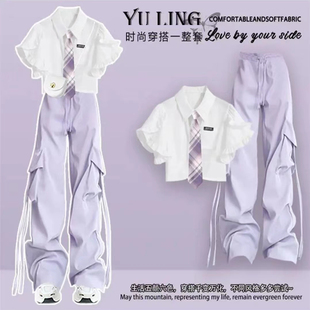 女童夏季jk制服套装2025新款学院风衬衫短袖中大童工装裤两件套