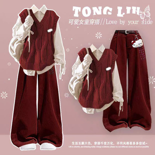 女童秋冬新年圣诞套装2025新款女大童初中生高中三件套装炸街裤子