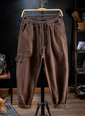 胖子工装裤2025新款男裤子加肥加大美式复古休闲束脚裤潮大码长裤