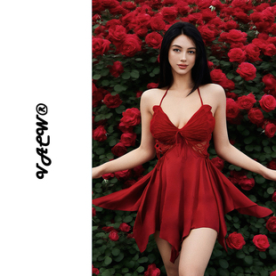 VACW丝滑缎面法式性感睡衣女绝美春夏高级感红色吊带连衣睡裙婚纱