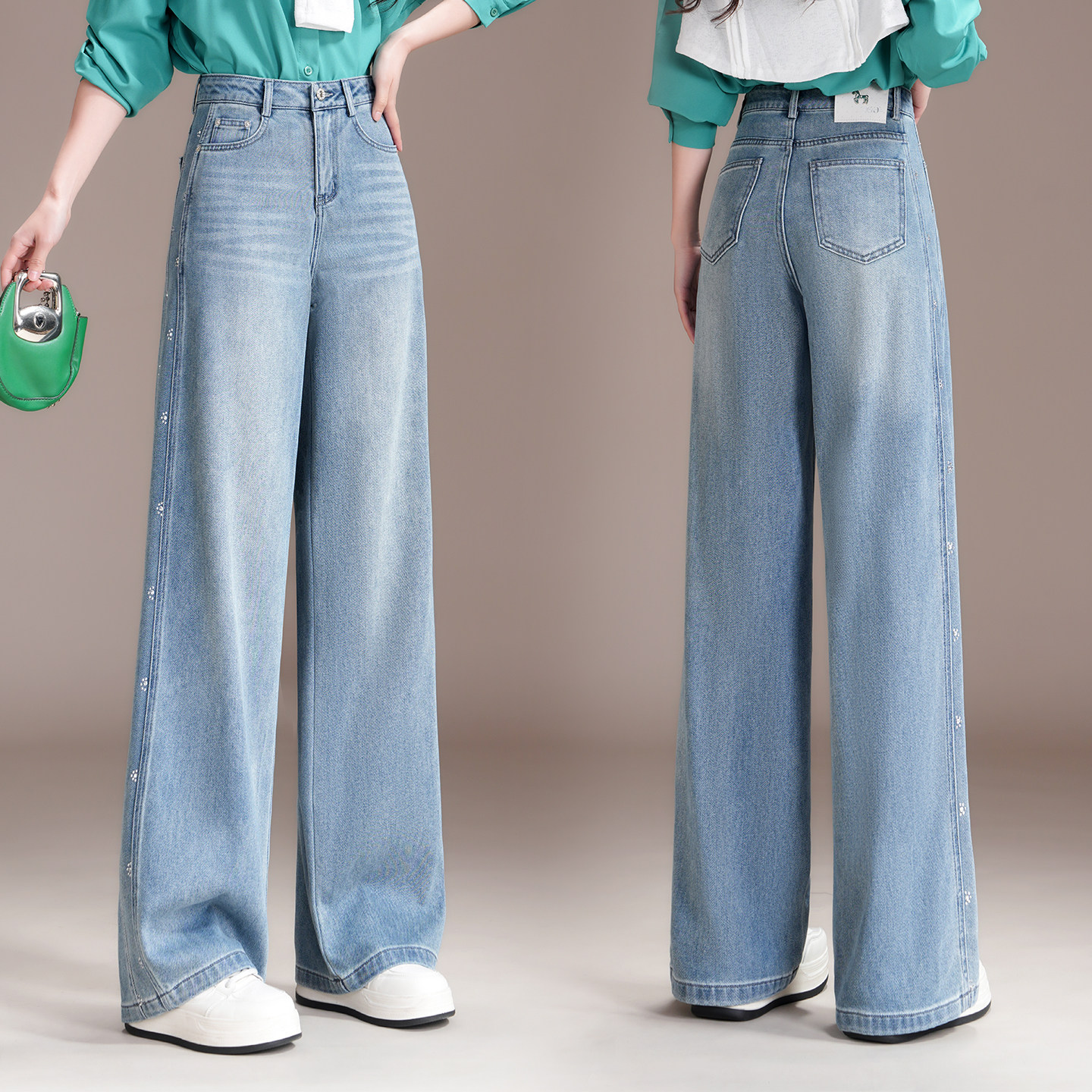 高级感阔腿牛仔裤女长裤2026春季新款烫钻高腰显瘦直筒休闲长裤子