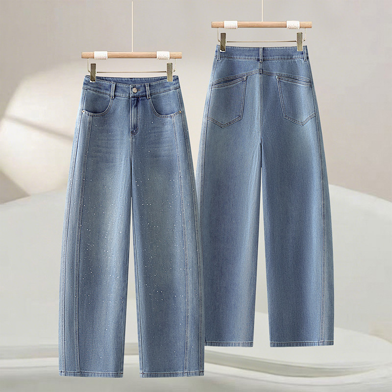 烫钻牛仔弯刀阔腿裤女春秋2026新款高腰宽松垂感亮闪闪直筒香蕉裤