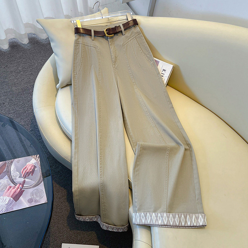 牛仔阔腿裤女2026新款卡其色裤子小个子高腰窄版直筒裤卷边九分裤
