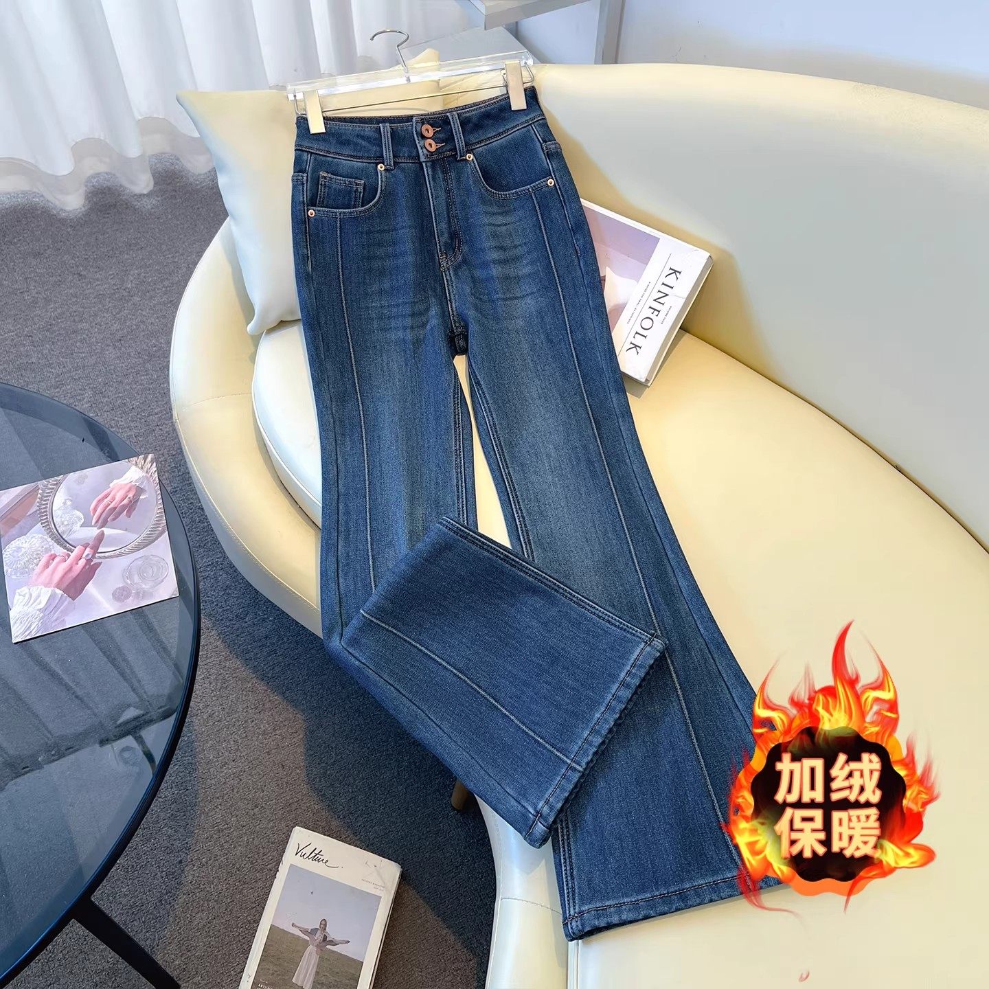 复古微喇牛仔裤女秋冬2026新款版型好看的加绒修身九分直筒喇叭裤