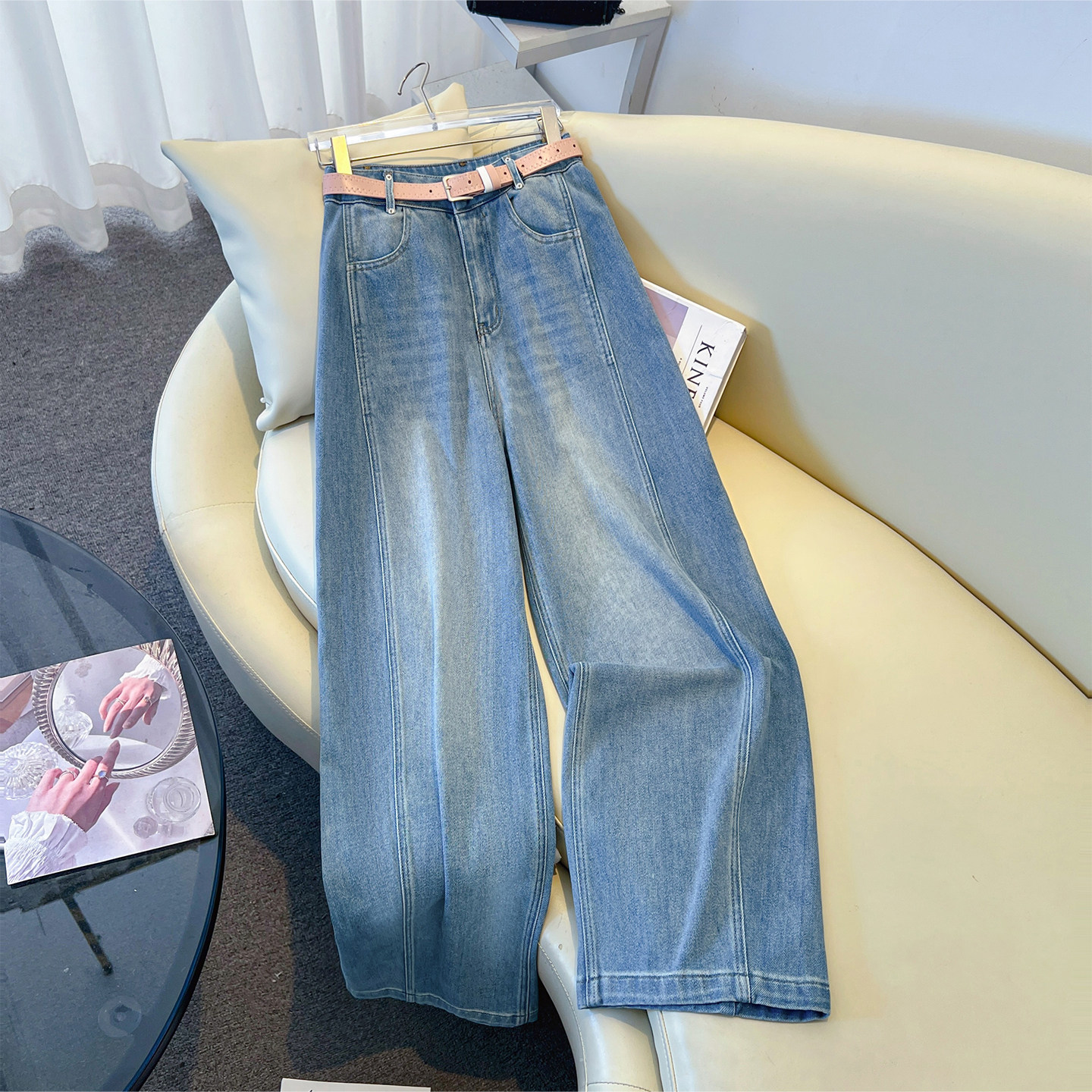 浅色阔腿牛仔裤女春季2026新款时尚宽松香蕉裤拖地裤子显瘦弯刀裤