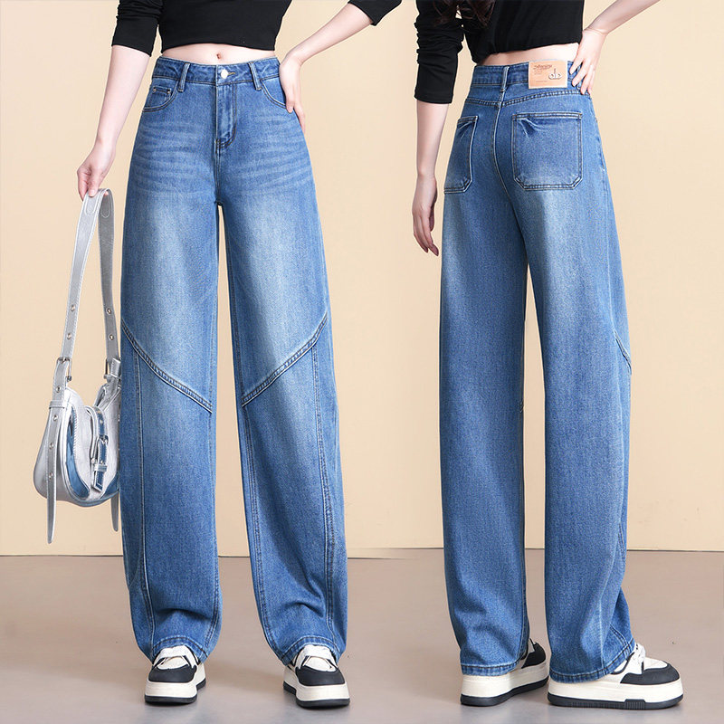 浅蓝色拼接弯刀牛仔裤女2026春秋新款高腰显瘦当季窄版香蕉阔腿裤