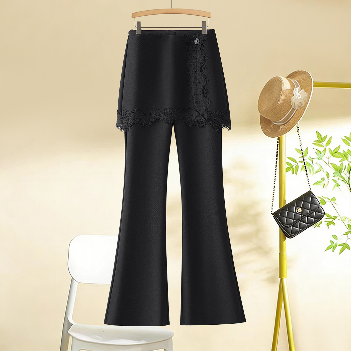 黑色蕾丝拼接开叉微喇西装裤女夏季新款高腰弹力休闲马蹄裤拖地裤