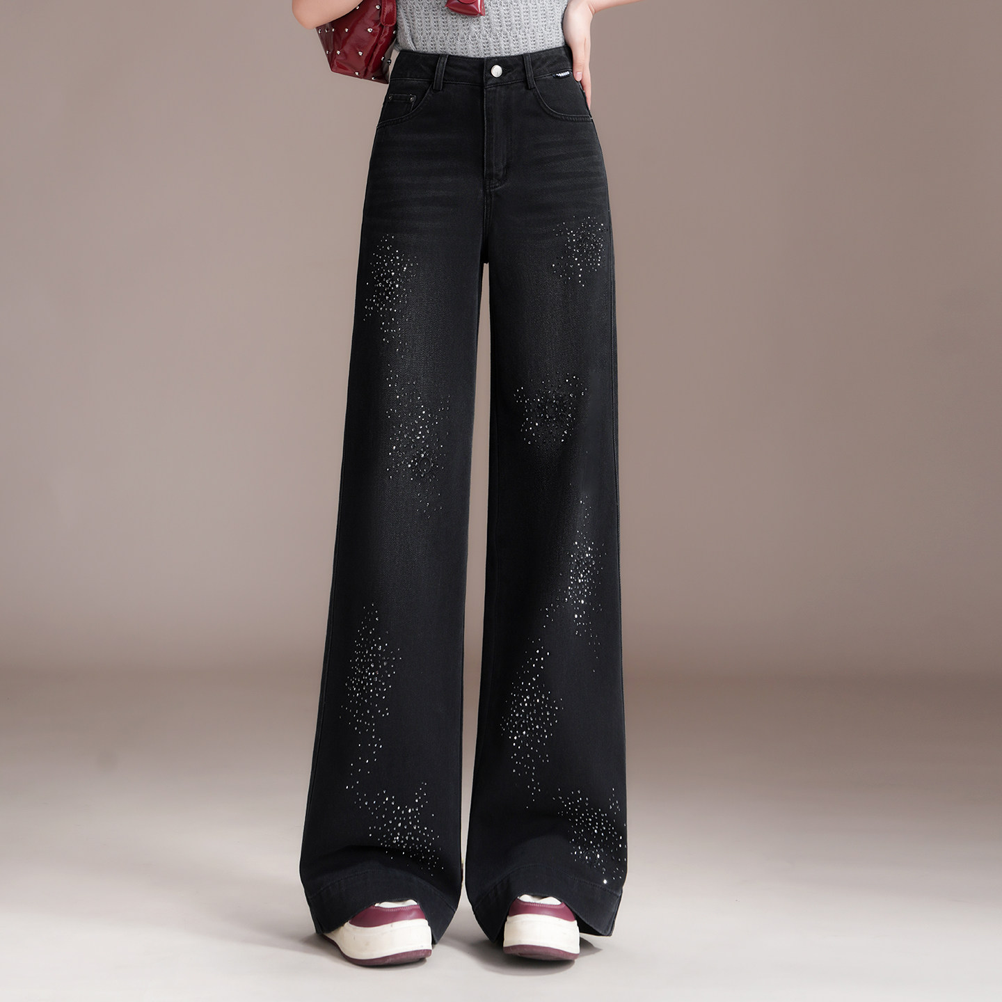 黑色烫钻高腰阔腿牛仔裤女春季2026新款宽松显瘦垂感拖地直筒长裤