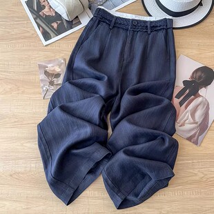 藏青色亚麻阔腿裤女春秋2026新款垂坠感夏季防晒裤蕾丝棉麻直筒裤