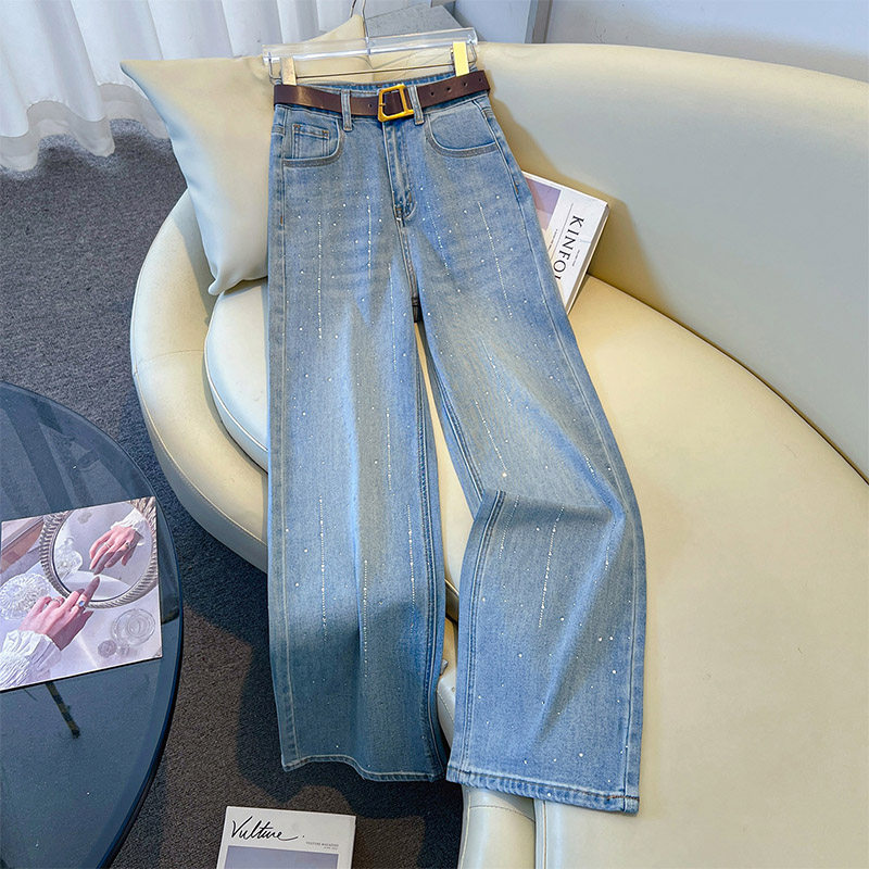 浅蓝色烫钻流星阔腿牛仔裤女2026春秋新款窄版直筒显瘦满天星裤子