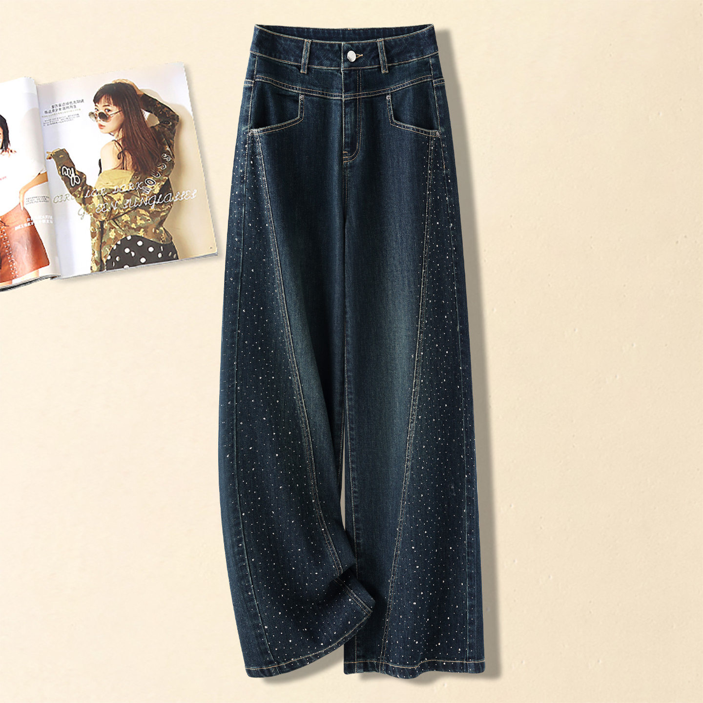 深蓝色重工烫钻阔腿牛仔裤女2026新款春季高腰宽松垂感带钻直筒裤