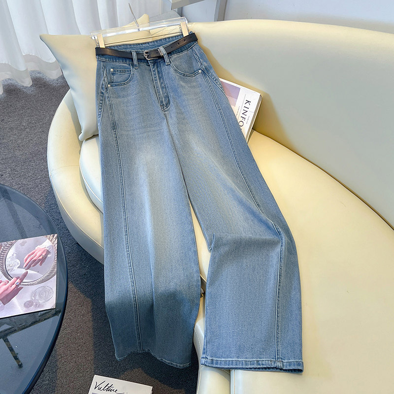 浅蓝色宽松阔腿牛仔裤女2026春季新款美式高腰弯刀裤子百搭直筒裤