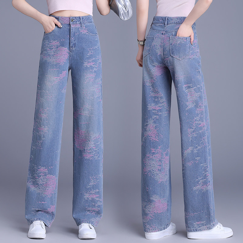 女士爆款印花直筒牛仔裤女2026年春季新款高腰显瘦垂感窄版阔腿裤