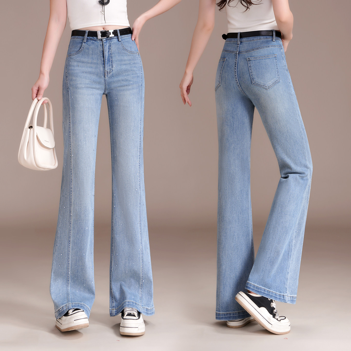 烫钻带钻微喇牛仔裤子女2026春季新款休闲裤高腰修身显瘦喇叭长裤