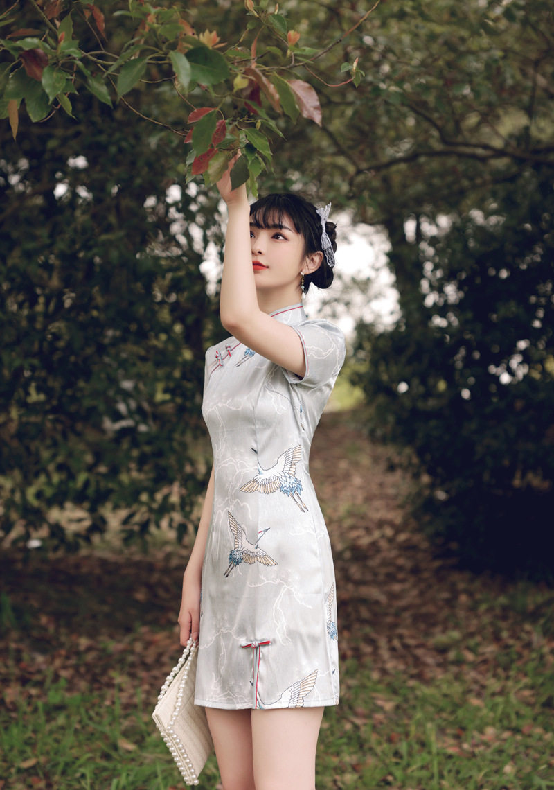 【初见】国潮新款甜美丝绸短款旗袍少女小个子连衣裙日常文艺学生