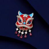 中国红醒狮气质吊坠胸针个性 男女珐琅彩国潮西装 配饰别针国风胸花