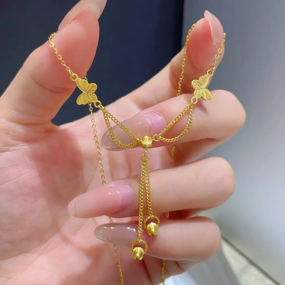 双蝴蝶流苏项链彷真黄金