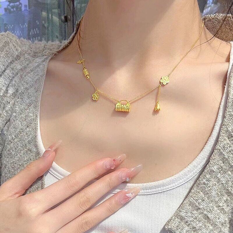 夏日新款繁花流苏平安锁项链女士高级感轻奢小众越南沙金仿真黄金