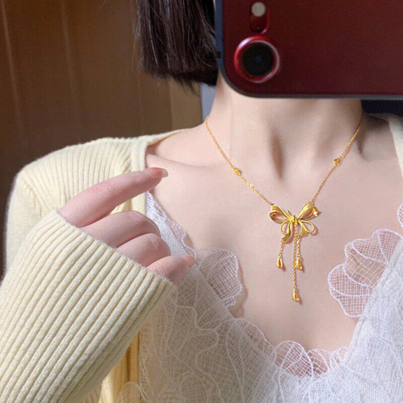 2025新款爆款甜系蝴蝶结流苏项链女款越南沙金仿真黄金轻奢高级感