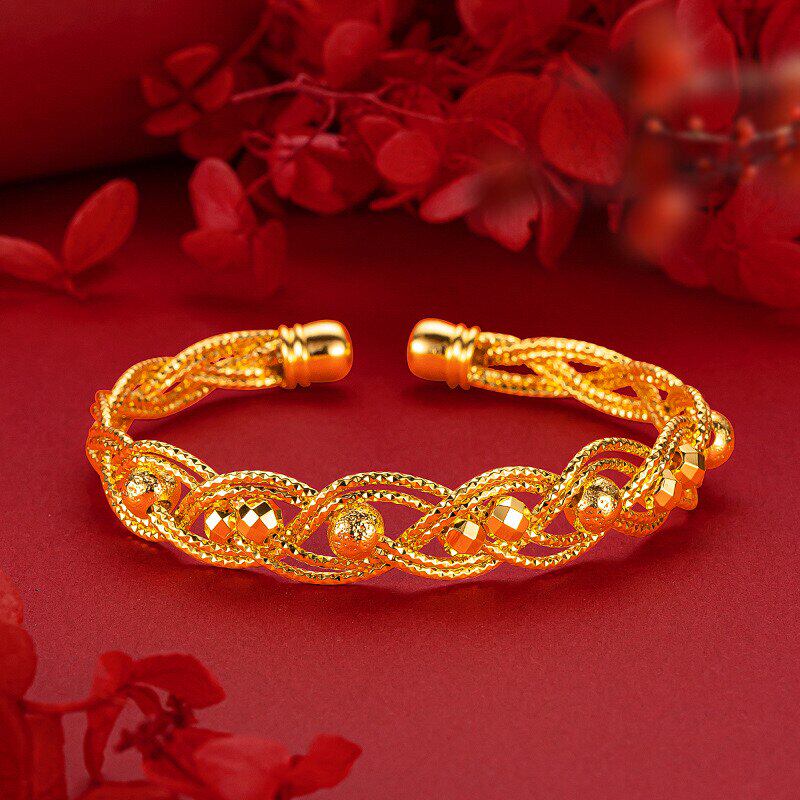 四线沙珠开口手镯女士小众设计越南沙金仿真黄金正品实心999首饰