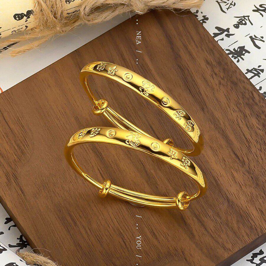 岁岁平安宝宝推拉手镯环越南沙金仿真黄金正品实心不褪色小孩首饰