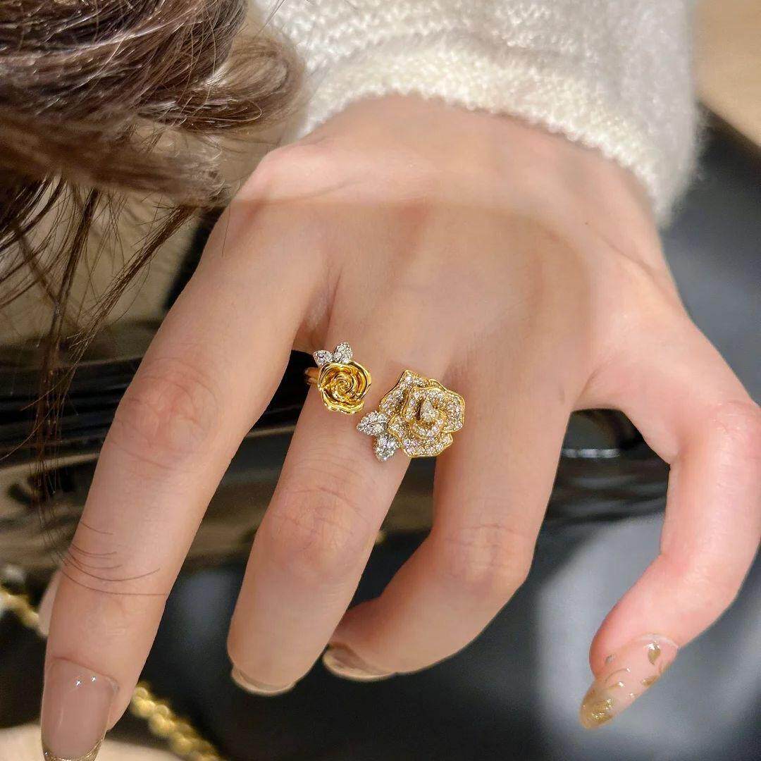玫瑰花沙金戒指女轻奢彷