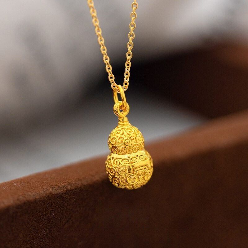 国风古法沙金挂坠卷云纹兽面錾刻葫芦实心吊坠项链女沙金仿真黄金