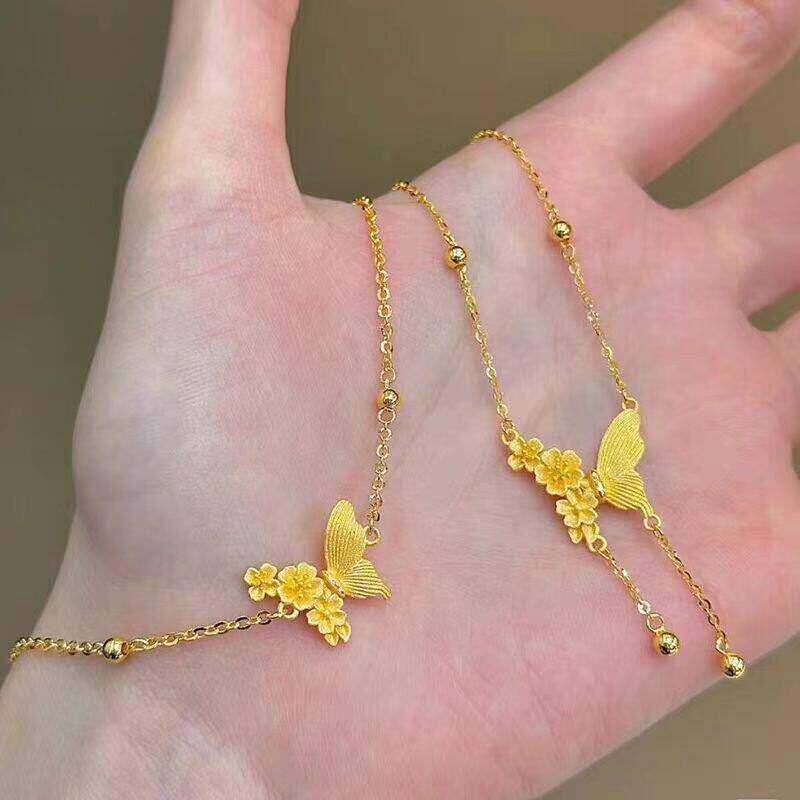 新款桃花蝴蝶流苏项链手链戒指套装女越南沙金仿真黄金不掉色配饰