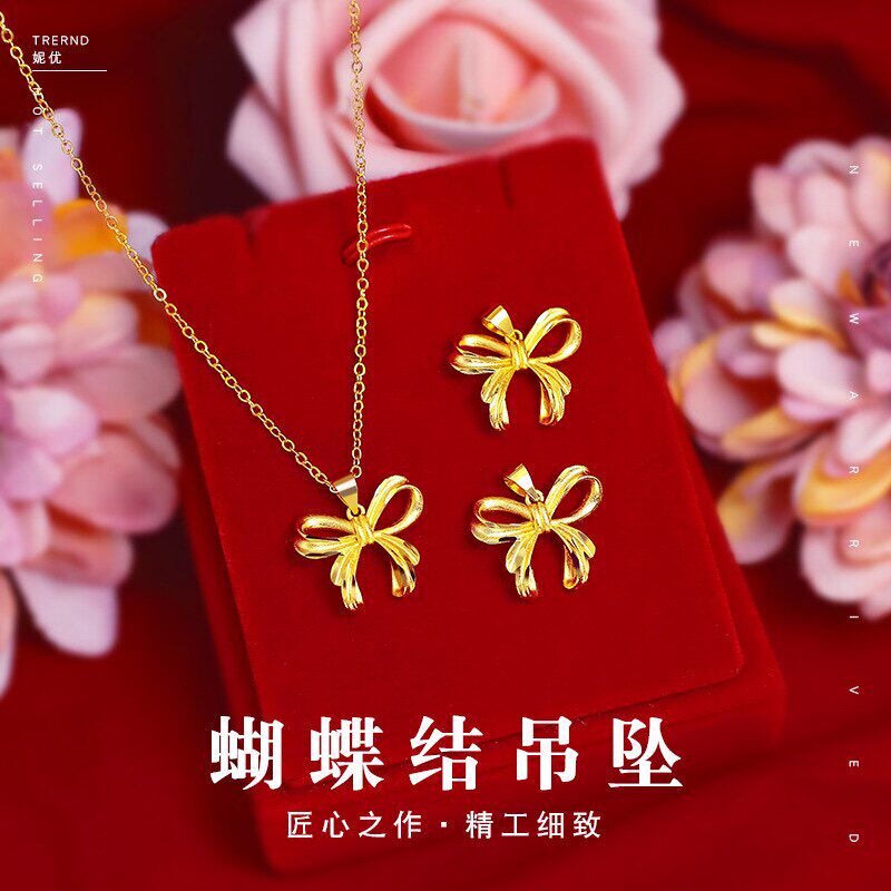 夏季新款蝴蝶结项链女越南沙金仿真黄金锁骨链轻奢高级感结婚首饰