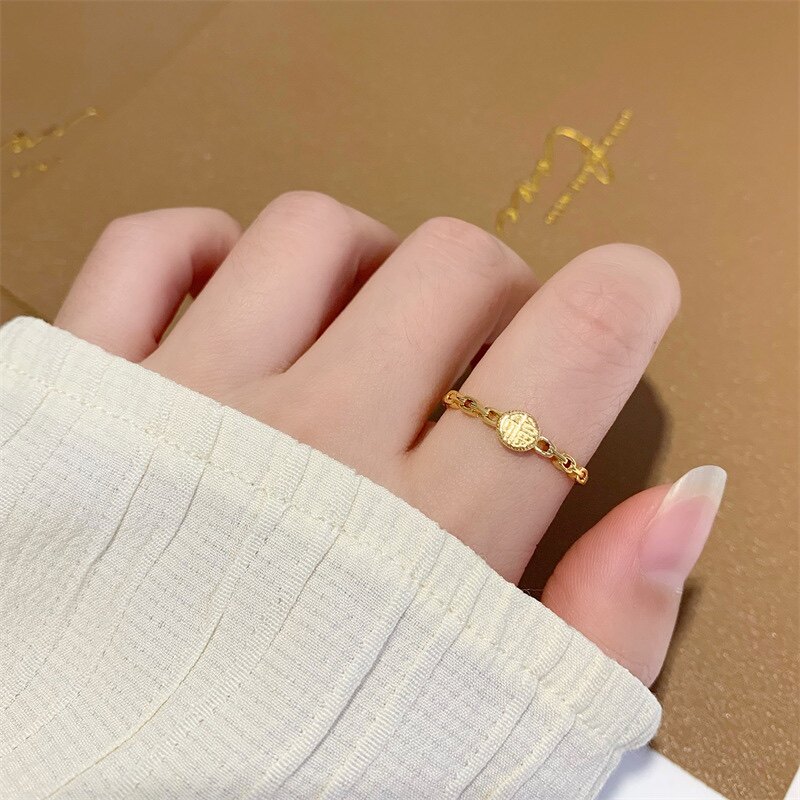 镂空实心福字戒指女款小