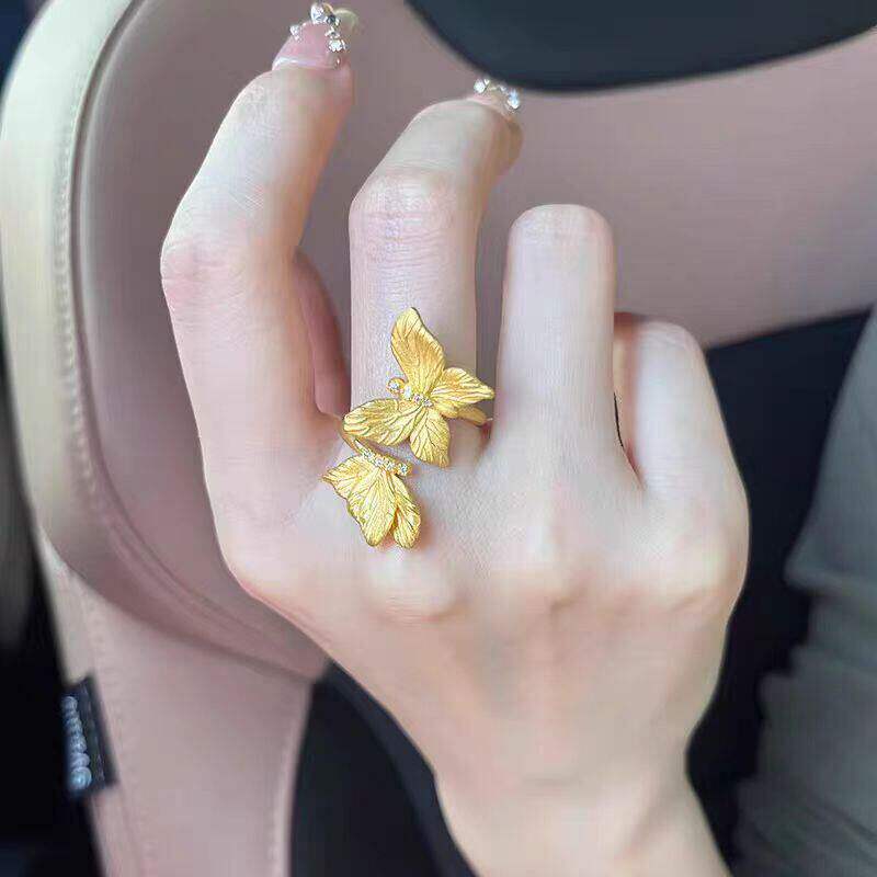 新款肌理纹双蝴蝶戒指女士越南沙金仿真黄金复古精致夸张食指首饰