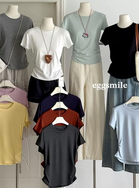 eggsmile10色韩系小蛮腰T韩版修身圆领纯色褶破针织螺纹短袖上衣