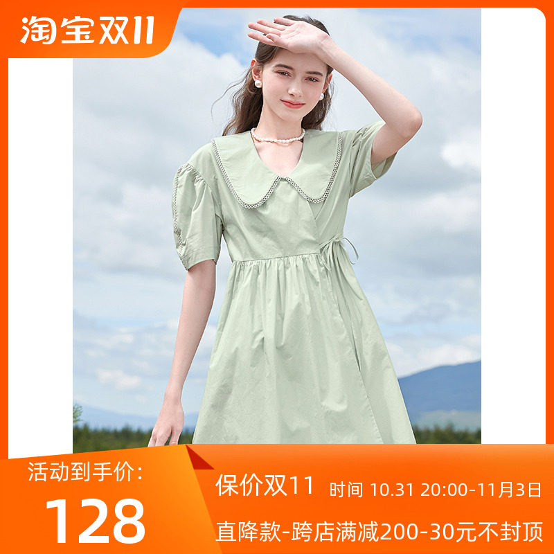 三彩2022夏季新款纯棉娃娃领绿色连衣裙茶歇系带泡泡袖甜美短裙女高性价比高么？