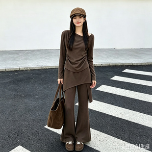 韩版修身卫衣套装女秋季显瘦高腰屁帘微喇裤两件套设计感显瘦套装